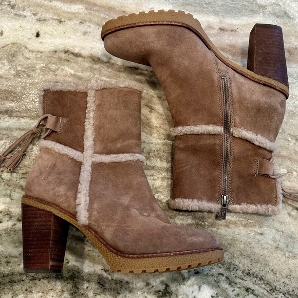 Frye Jen Shearling Short Suede Heeled Zip Up Ankle Bootie - Size 8 - Picture 2 of 8